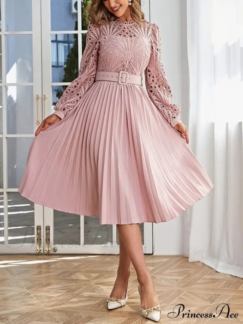 Simplee Blush Pink Lace Pleated Midi Dress w/ Belt Size M NWOT
